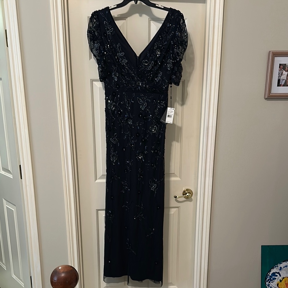 Adrianna Papell Blue Sequin Flutter Sleeve Gown
